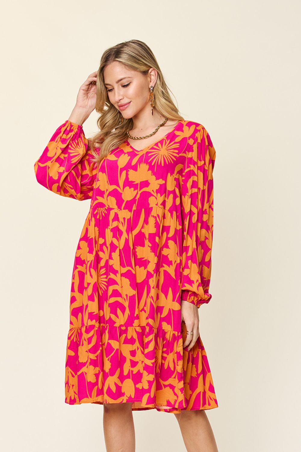 Printed Ruffle Hem Long Sleeve Rayon Dress