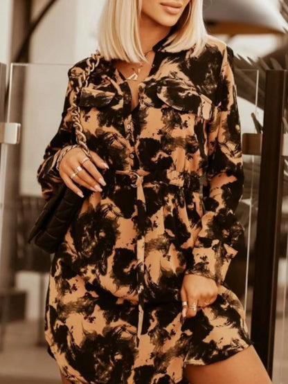 Printed Button Front Long Sleeve Dress