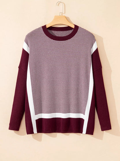 Stripe Color Block Patchwork Dolman Oversize Tunic Sweater