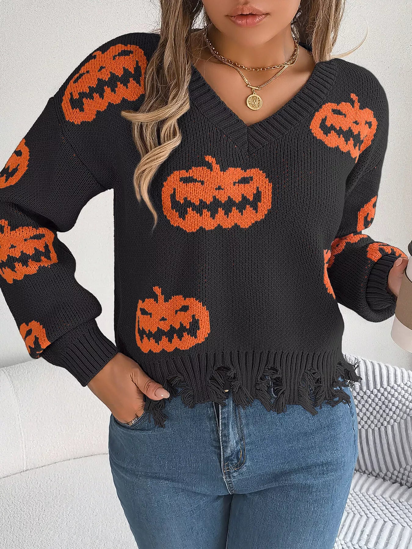 Halloween Pumpkin Pattern Raw Hem V-Neck Sweater