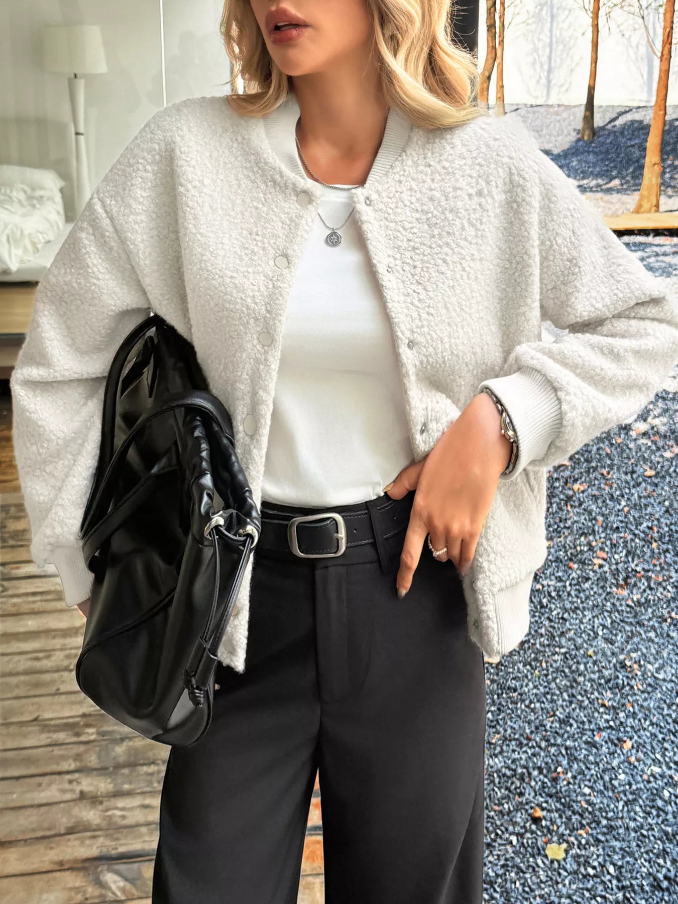 Snap Down Dropped Shoulder Jacket Ivory