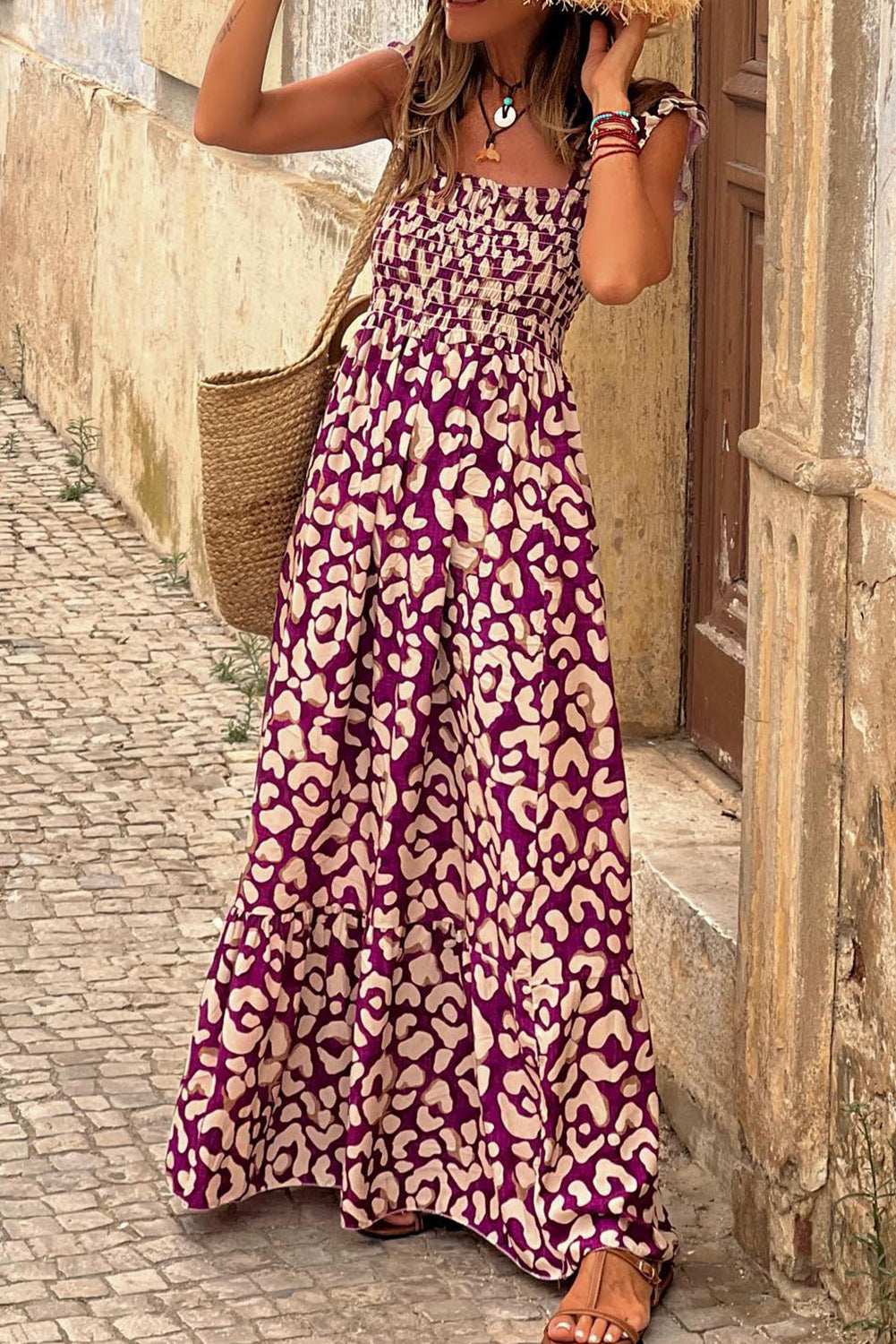 Boho Printed Midi Dress Burgundy