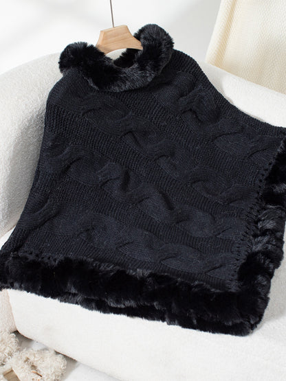 Fuzzy Hem Cable-Knit Poncho Black One Size