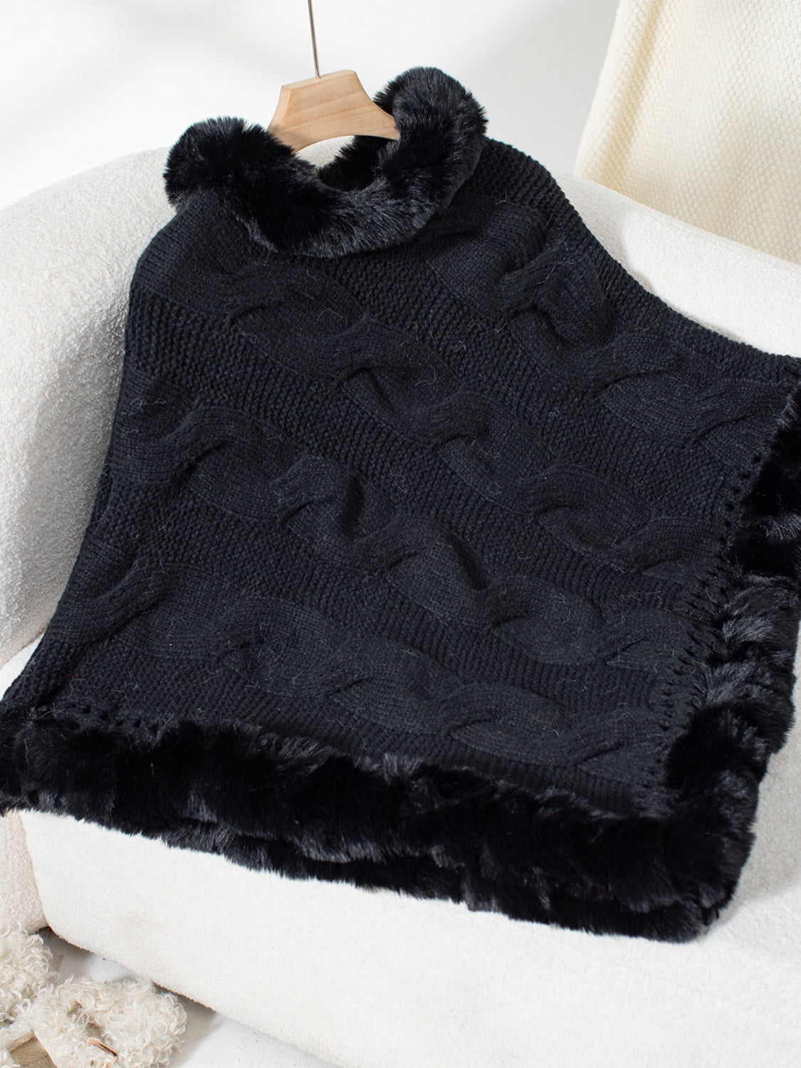 Fuzzy Hem Cable-Knit Poncho Black One Size