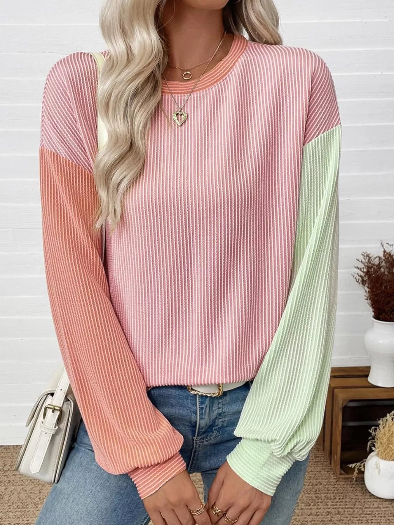 Color Block Ribbed Long Sleeve T-Shirt Blush pink Green