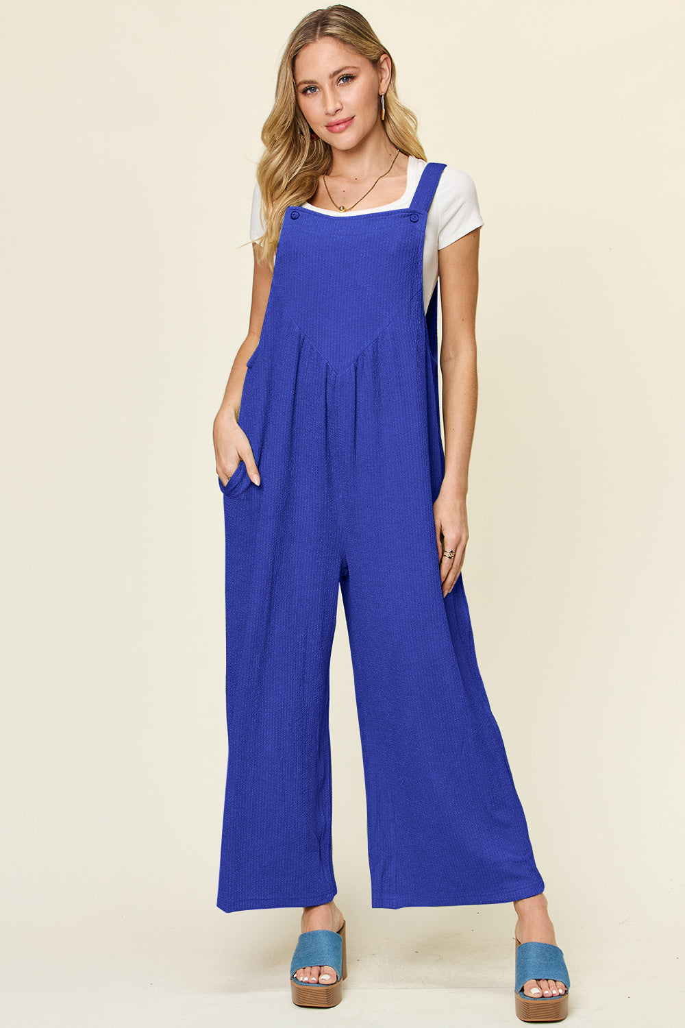 Textured Long Sleeveless Wide Leg Jumpsuit Royal Blue