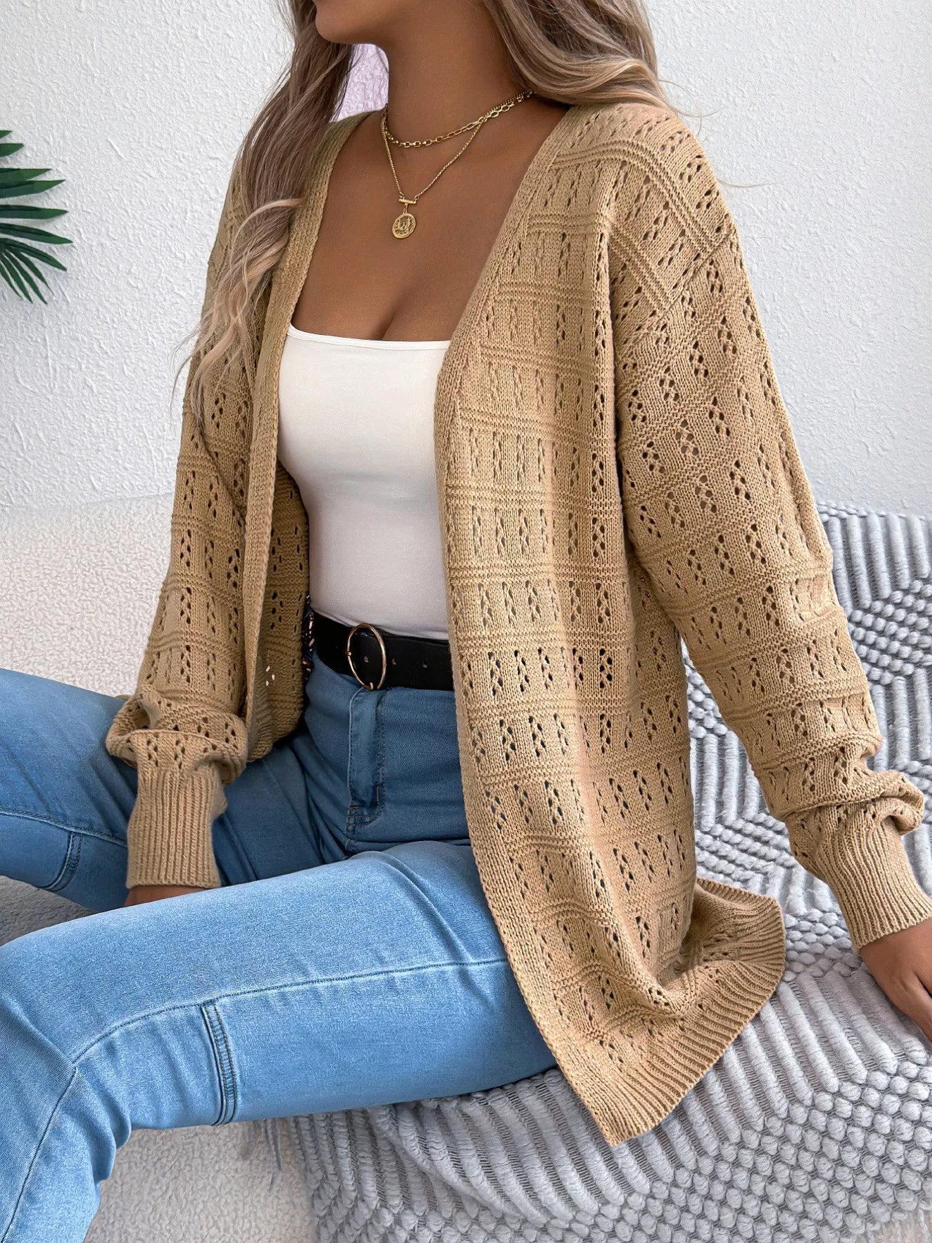 Open-Front Crochet Knit Cardigan Khaki