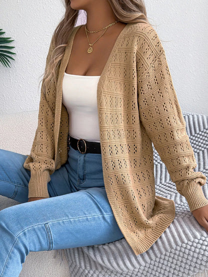 Open-Front Crochet Knit Cardigan Khaki