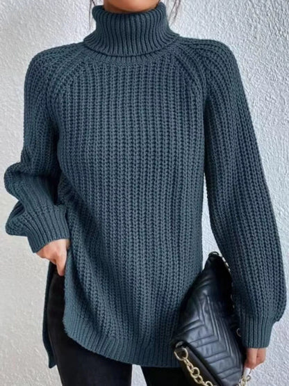 Full Size Turtleneck Long Sleeve Sweater Plus Size Gray Blue