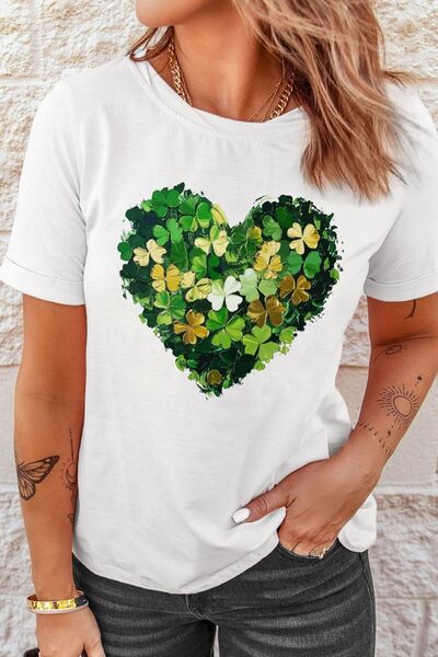 Clover Heart Round Neck Short Sleeve T-Shirt White