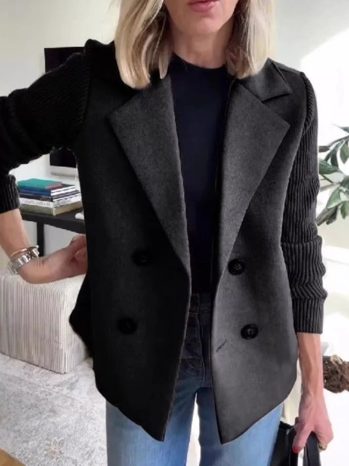 Full Size Knit Sleeve Double-Breasted Outerwear Plus Size Black