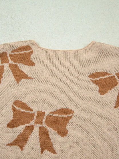 Ribbon Bow Checkered Striped Sleeve Drop Shoulder Sweater