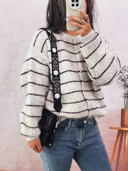 Striped Button Up Long Sleeve Cardigan