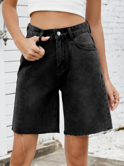 Washed Raw Hem Denim Shorts Black