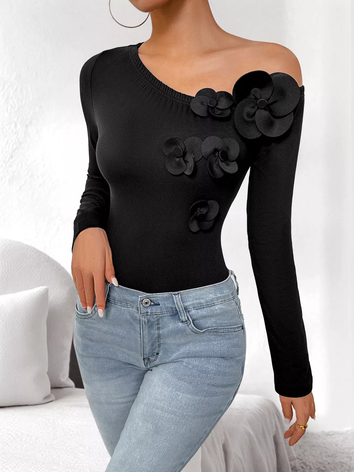 Flower One Shoulder Long Sleeve Bodysuit