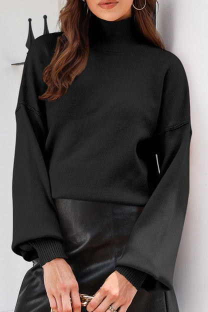 Mock Neck Dropped Shoulder Sweater Black