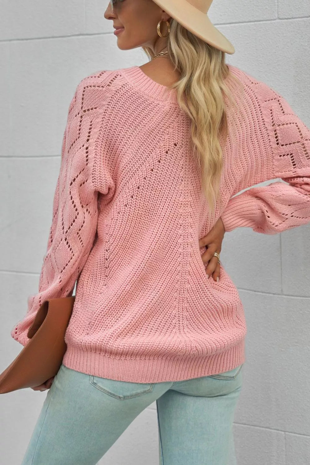 Hollow-Out Puffy Sleeve Knit Sweater