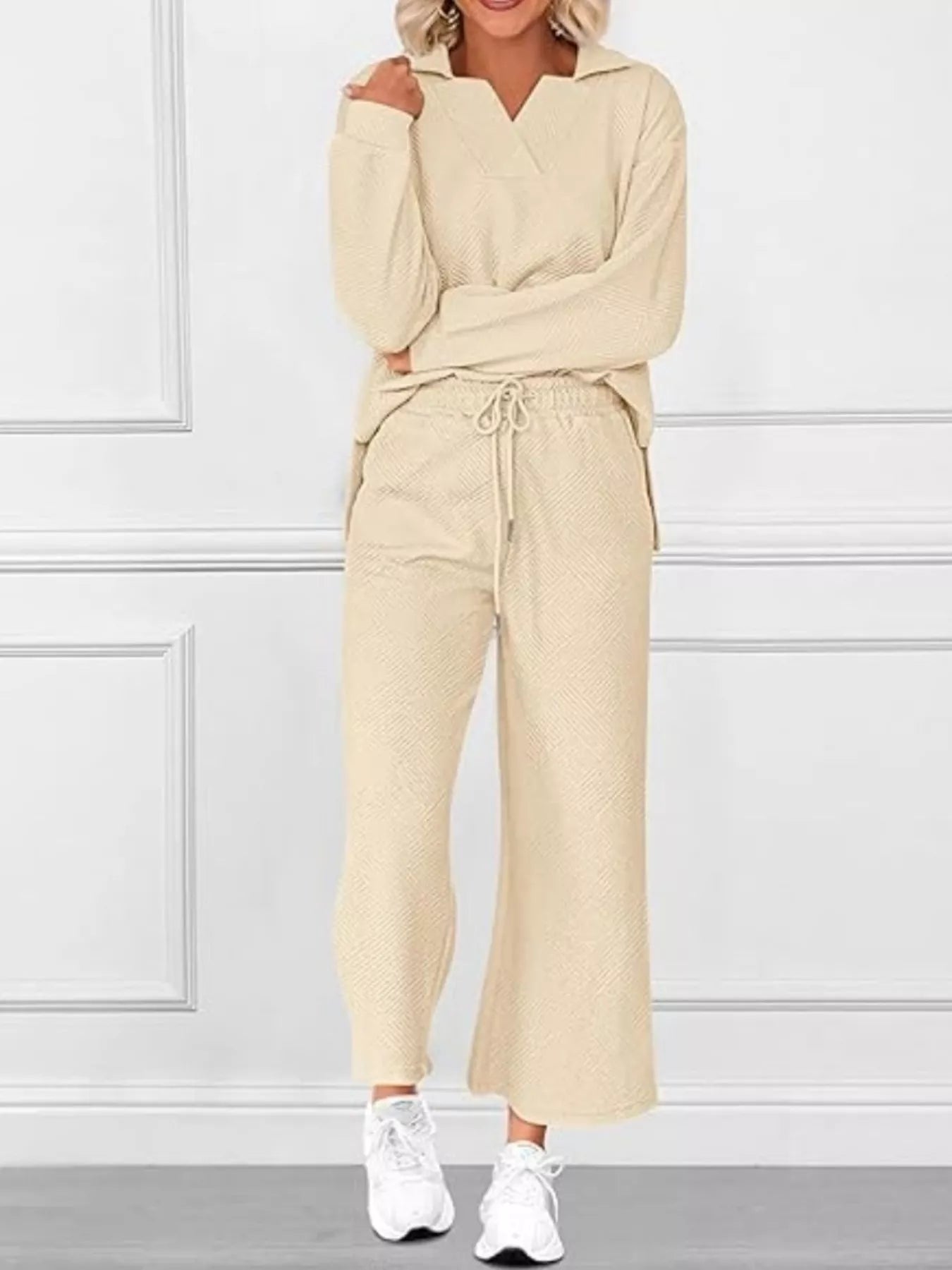 Side Slit Textured Top and Drawstring Pants Set