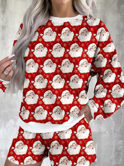 Christmas Santa Print Round Neck Top and Shorts Lounge Set Deep Red