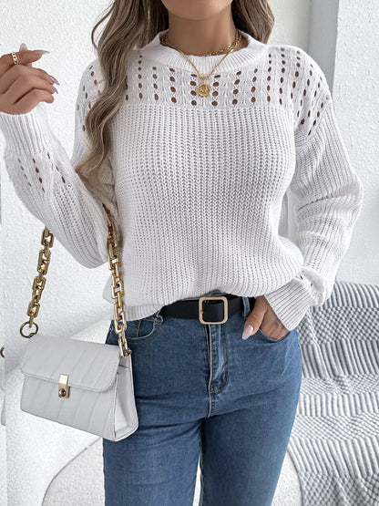 Openwork Round Neck Long Sleeve Sweater