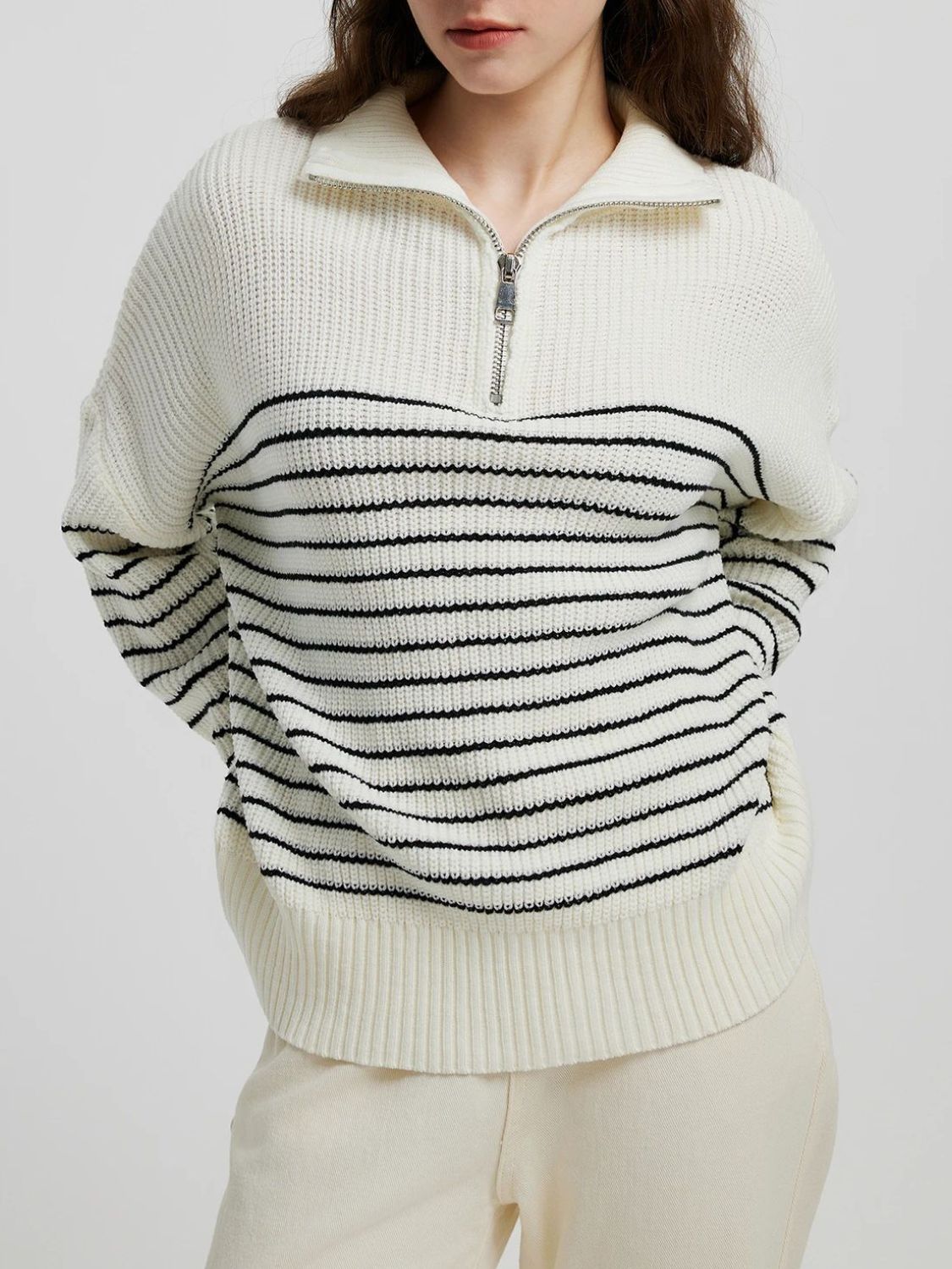 Striped Half Zip Long Sleeve Sweater Black One Size