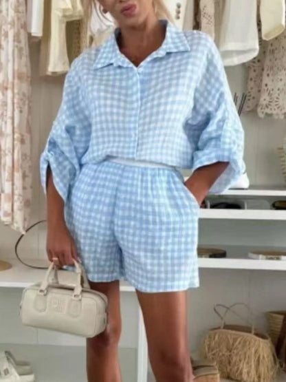Gingham Button Up Shirt and Shorts Set Sky Blue