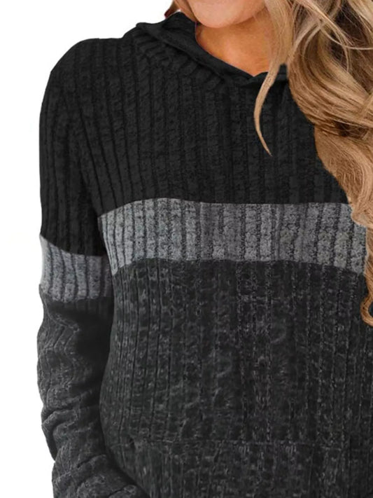 Full Size Color Block Ribbed Knit Hoodie Plus Size