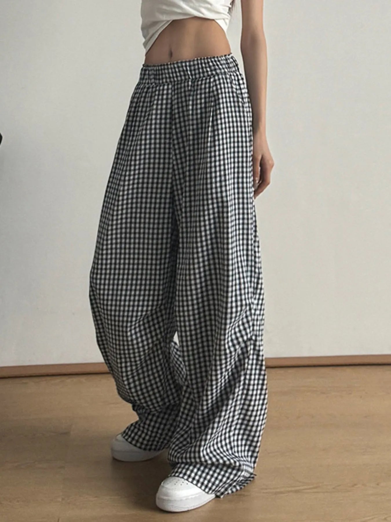 Gingham Check Wide Leg Casual Pants