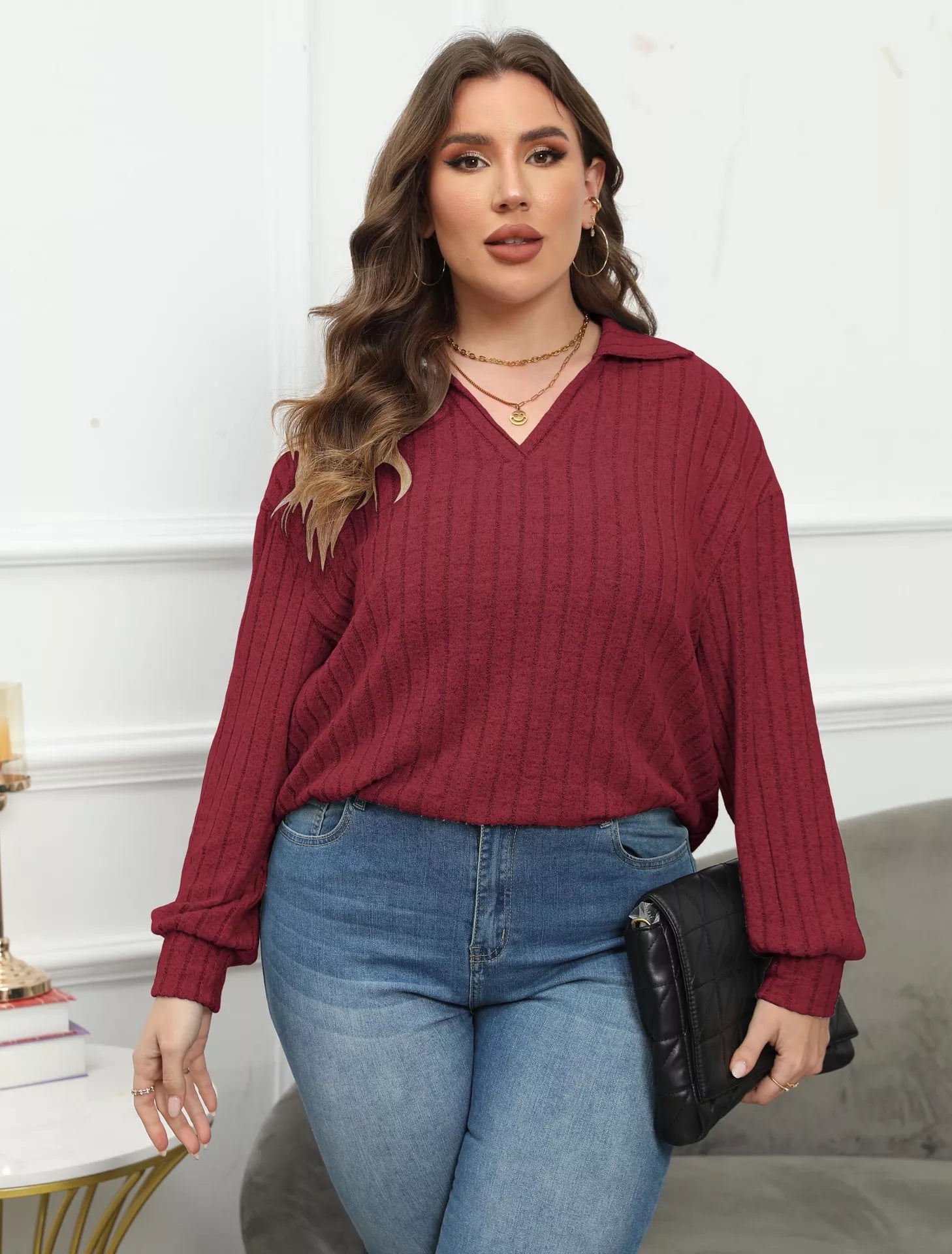 Plus Size Ribbed Knit Polo Collar T-Shirt