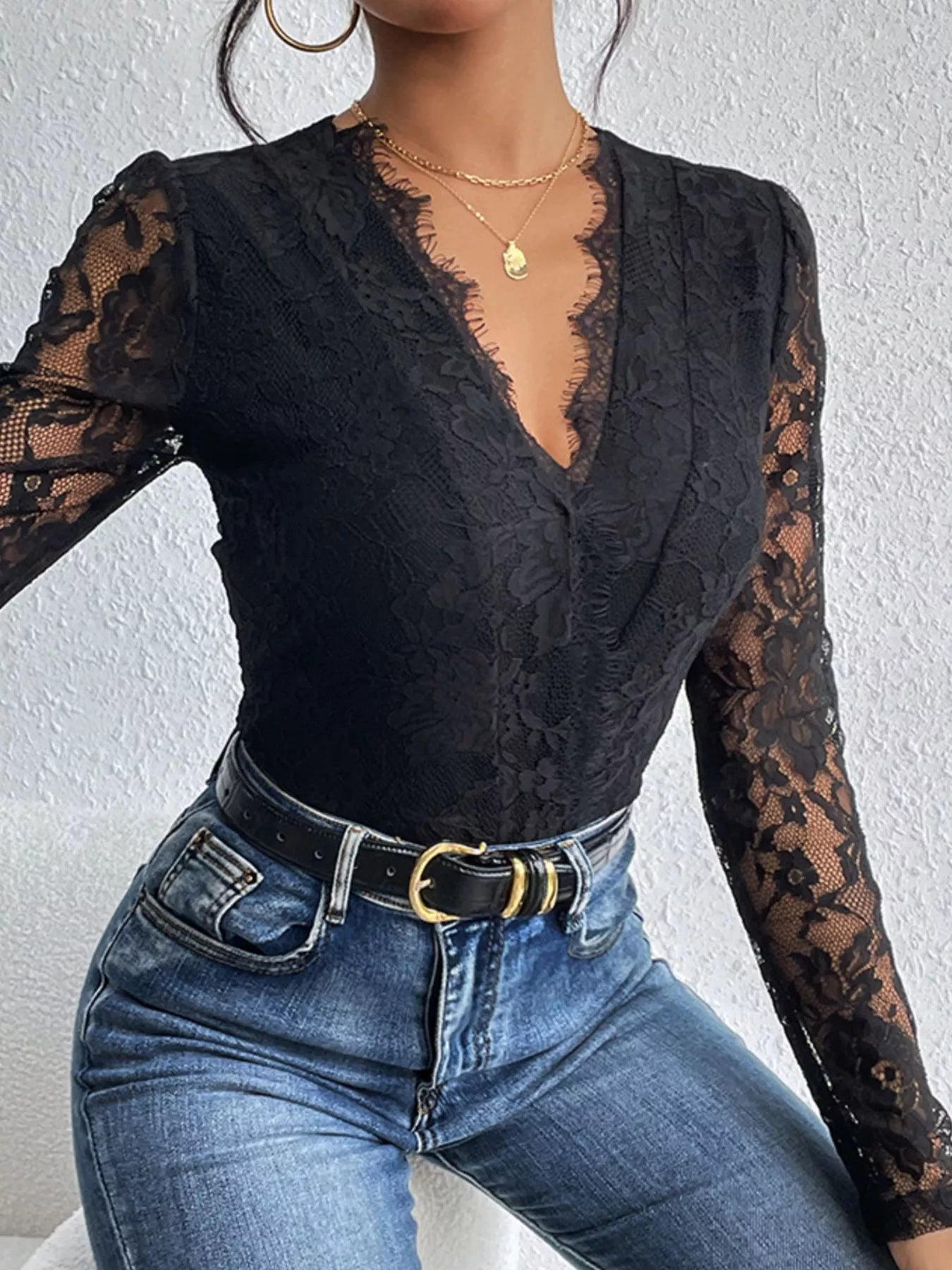 Lace V-Neck Long Sleeve Bodysuit