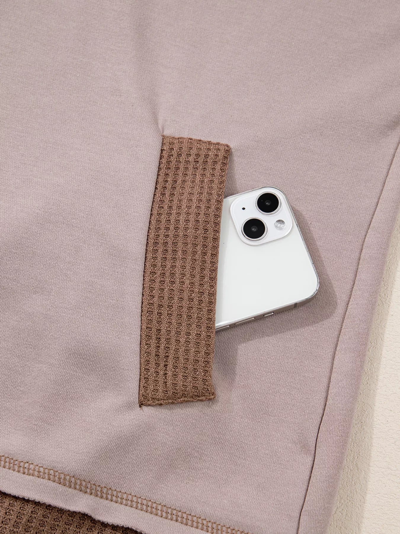 Oversize Waffle Patchwork Exposed Seam Casual Hoodie