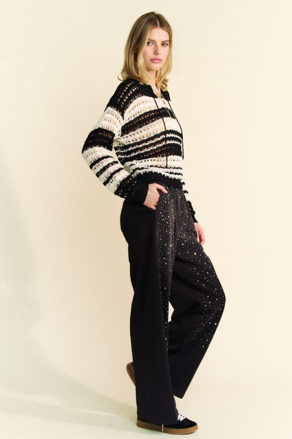 Back To School Sweater - Davi & Dani Contrast Striped Crochet Drop Shoulder Knit Cover Up