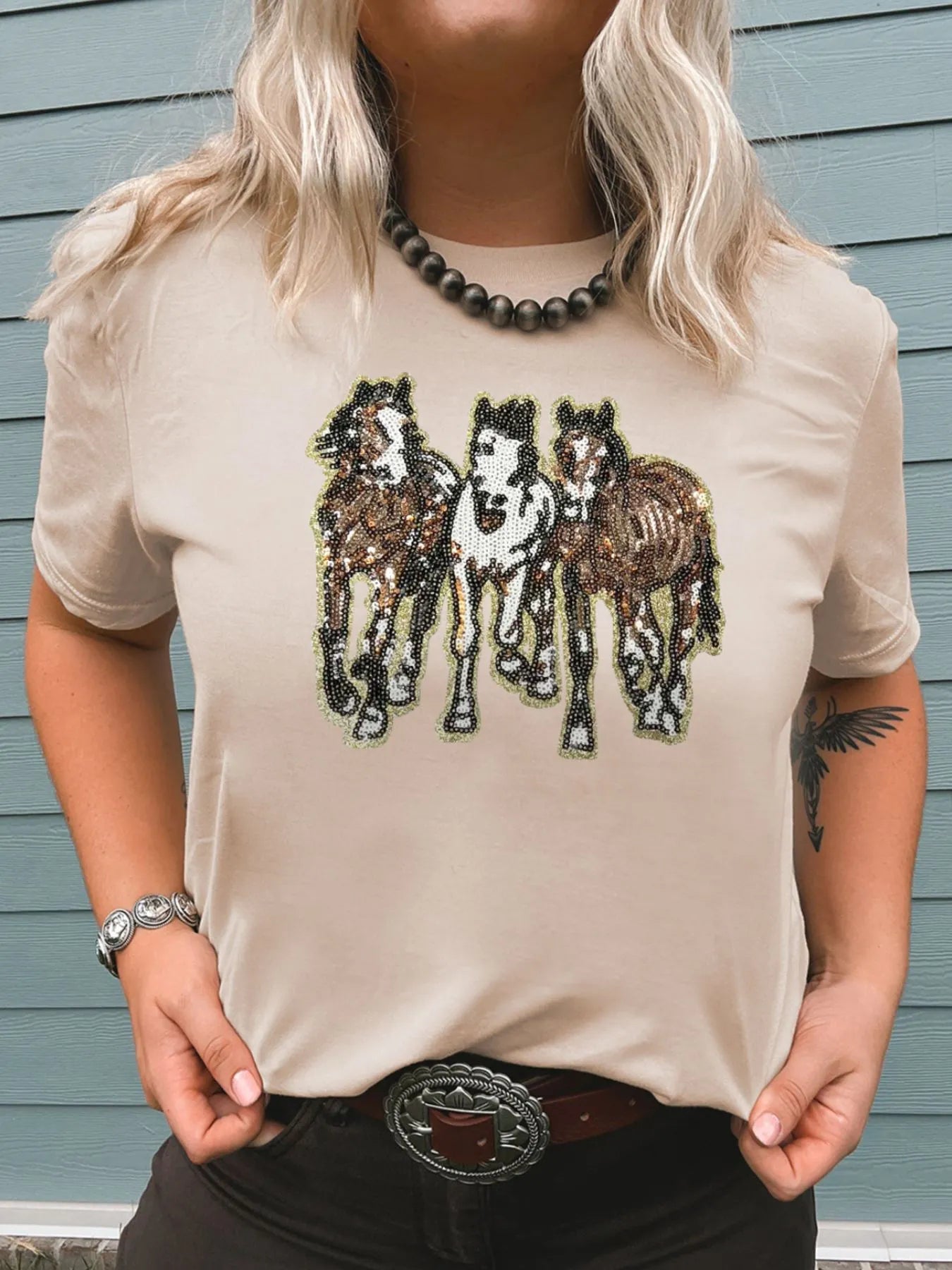 Sequin Horses Patched Casual Crewneck T Shirt