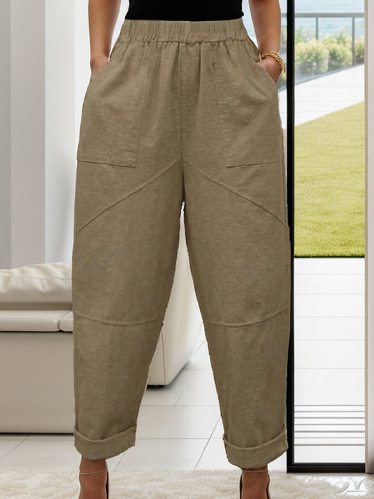 Elastic Waist Pants with Pockets Taupe