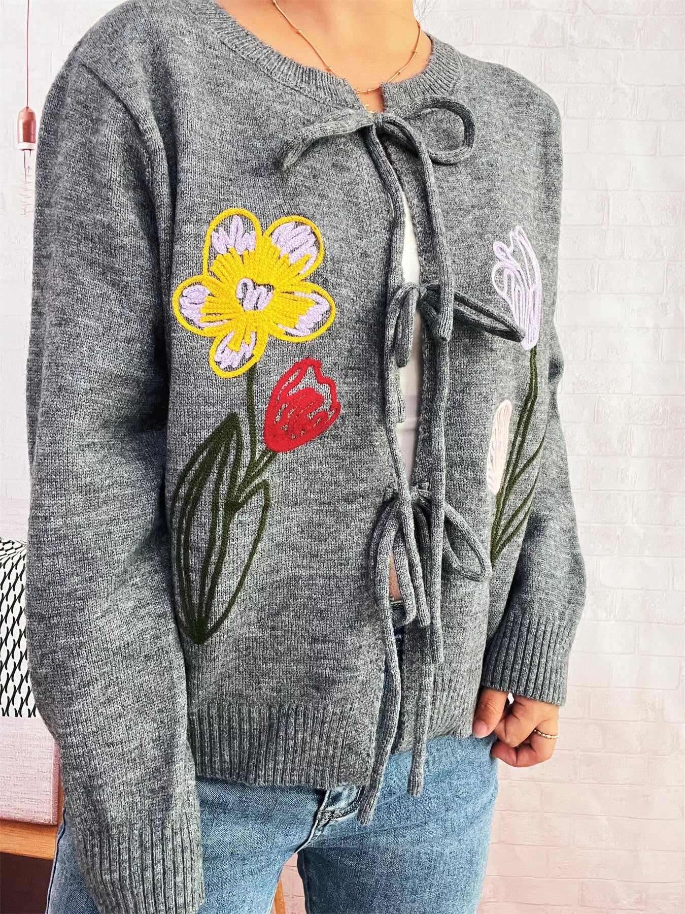 Floral Ribbed Hem Tie Front Cardigan