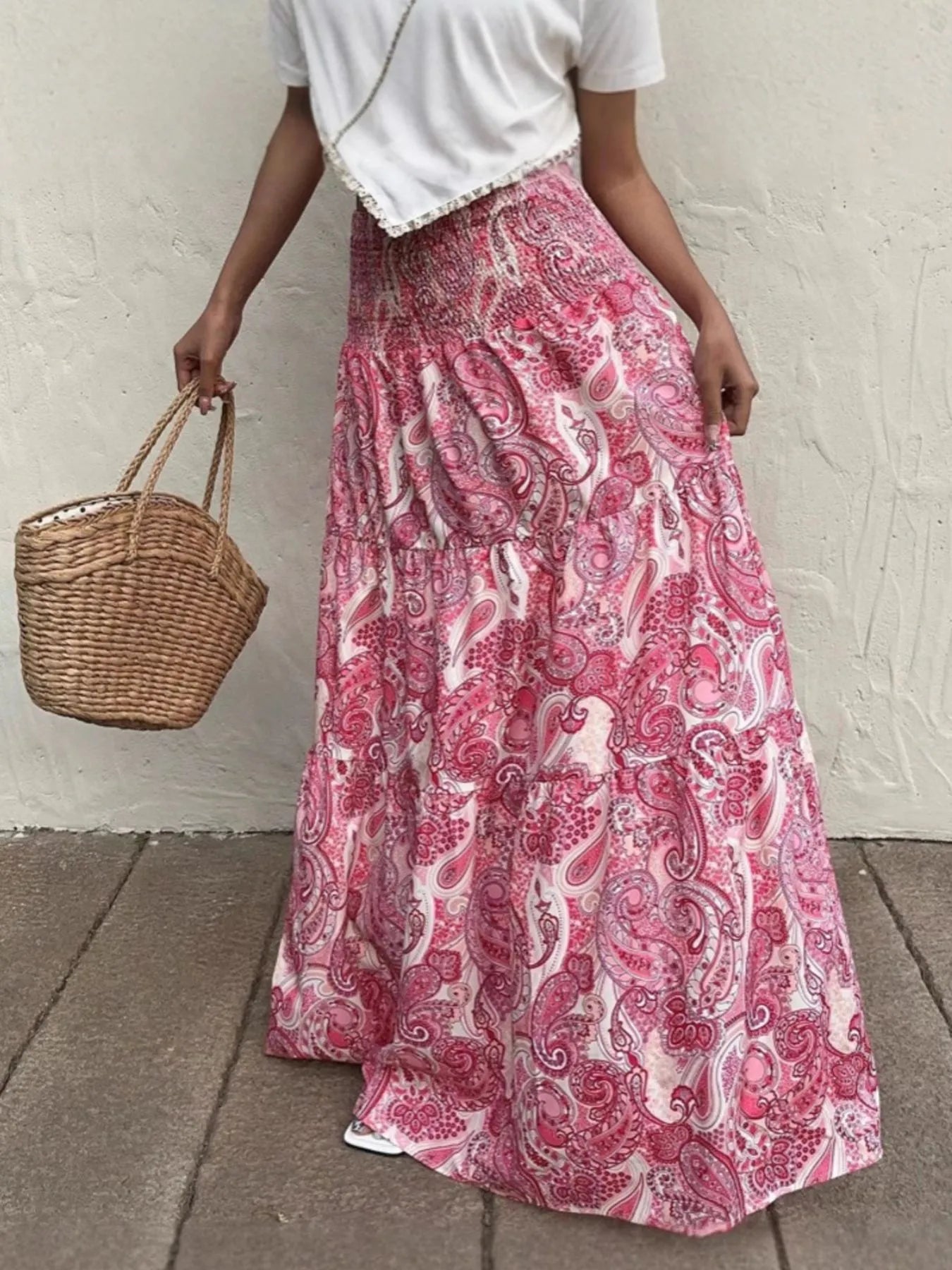 Smocked Printed Maxi Skirt