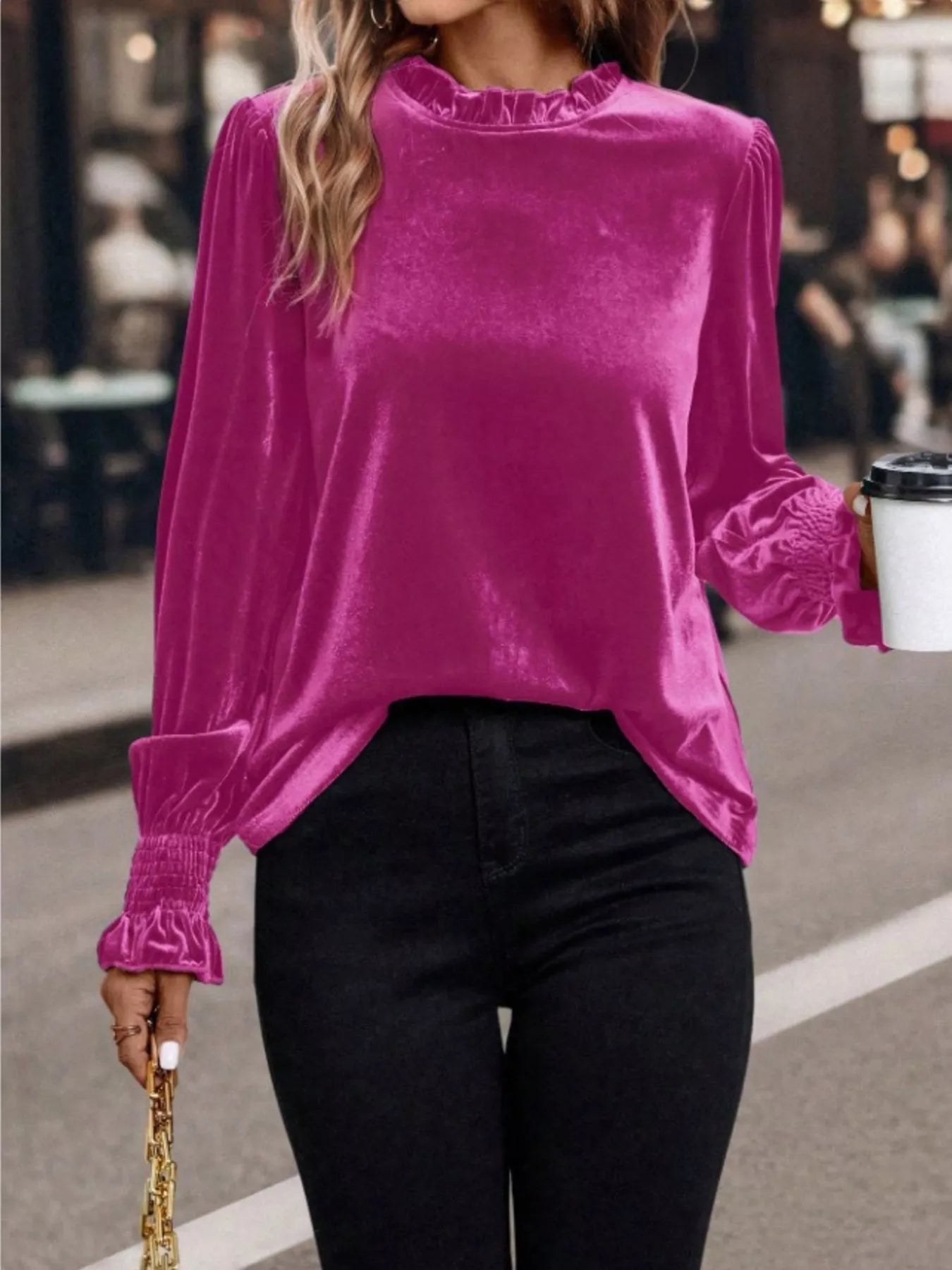 Velvet Ruffle Trim Blouse Fuchsia Pink