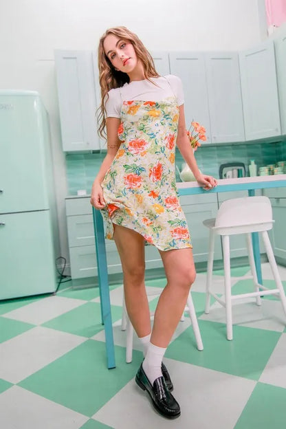 HYFVE Floral Cowl Neck Flirty Satin Mini Dress