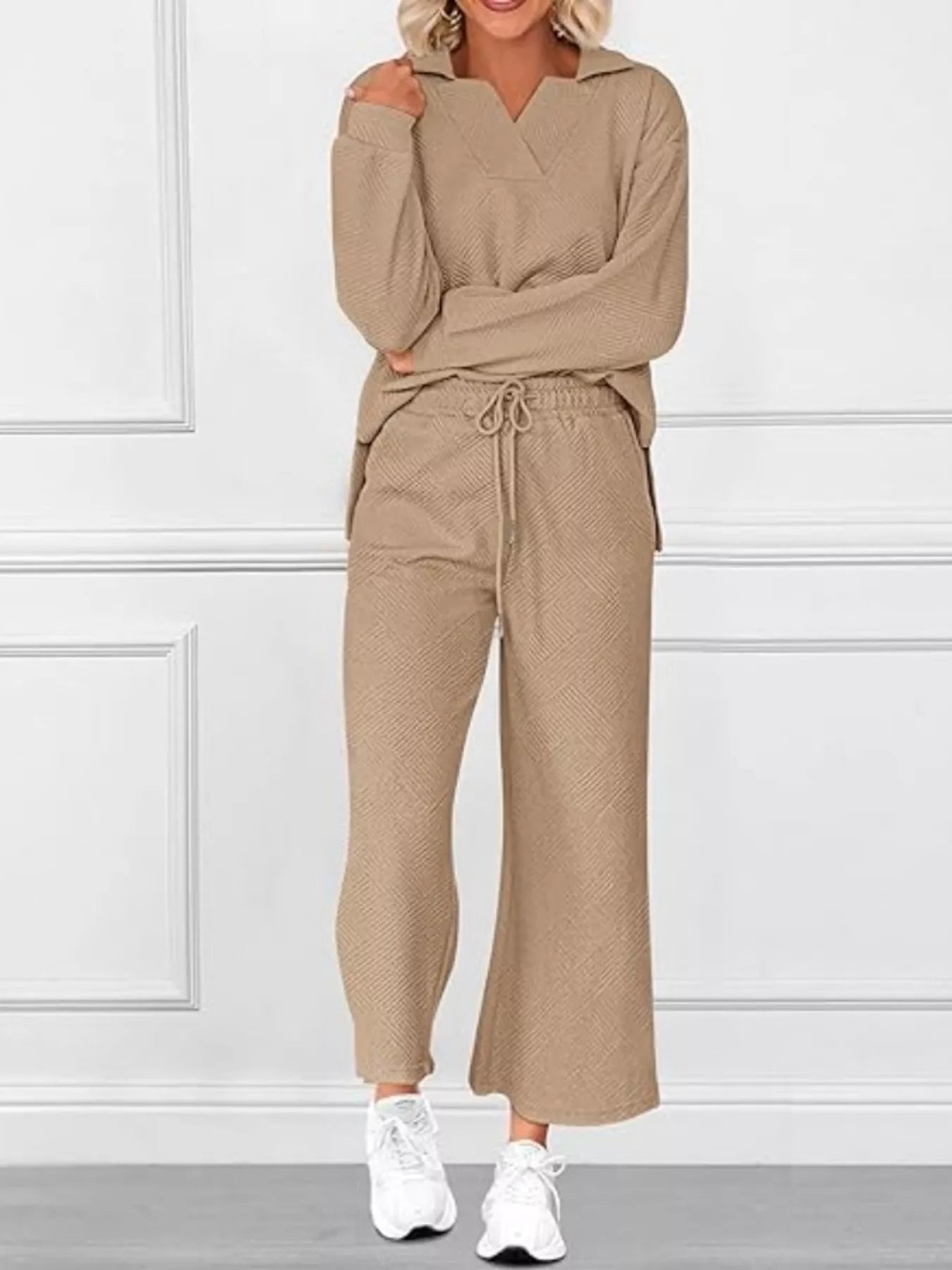 Side Slit Textured Top and Drawstring Pants Set Khaki