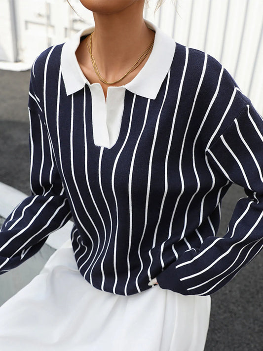 Stripe Contrast Collar Long Sleeve Knit Top Navy Blue