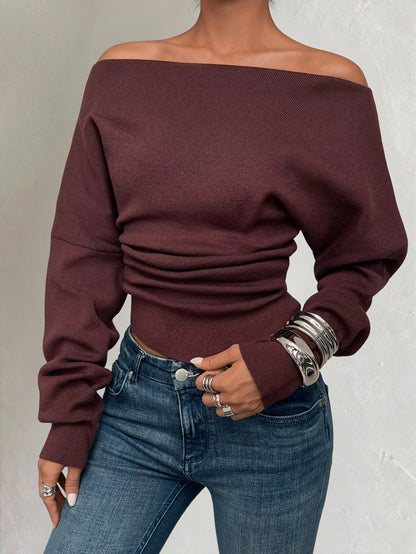 Off-Shoulder Ruched Long Sleeve Sweaer Red