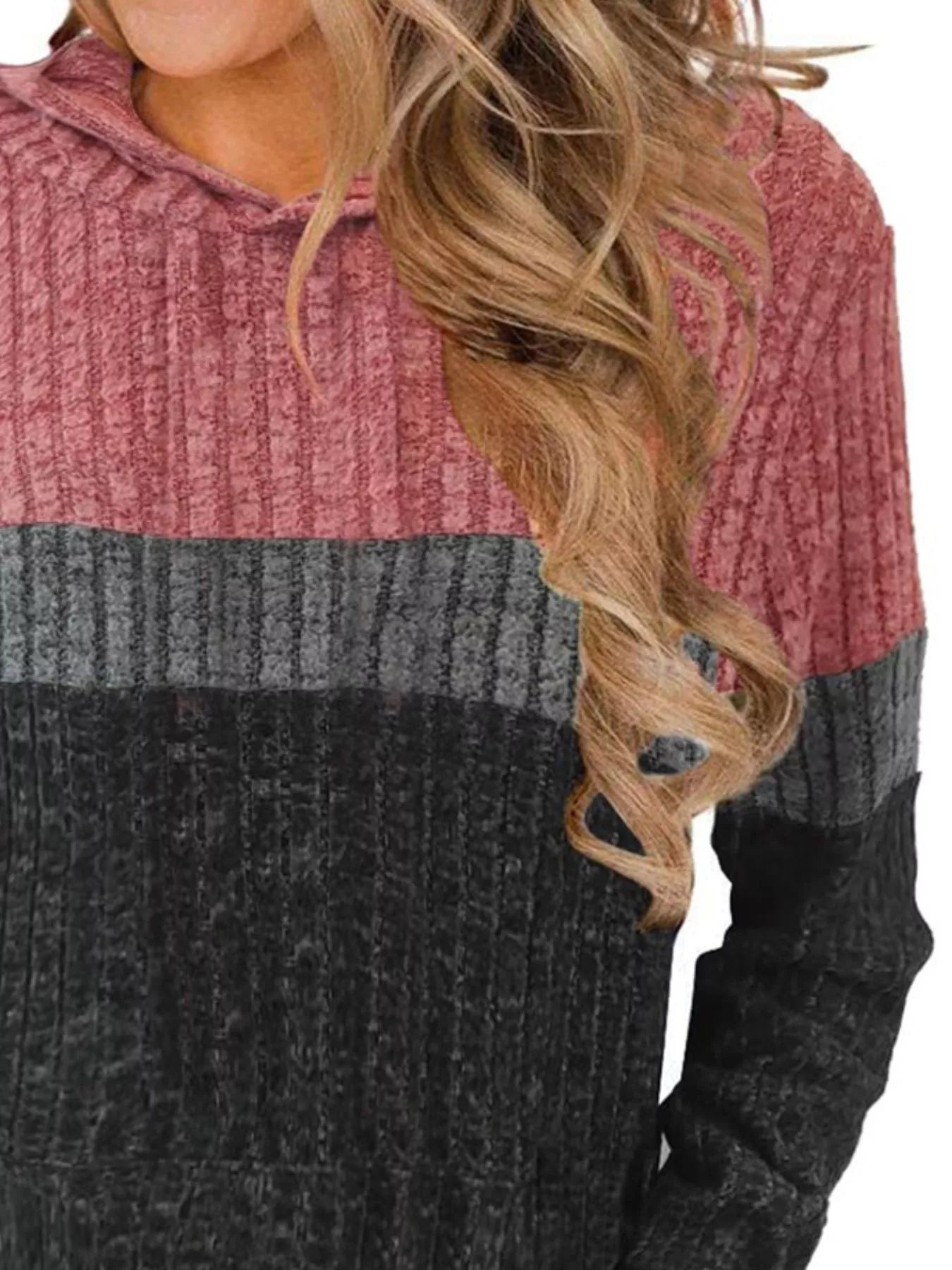 Full Size Color Block Ribbed Knit Hoodie Plus Size