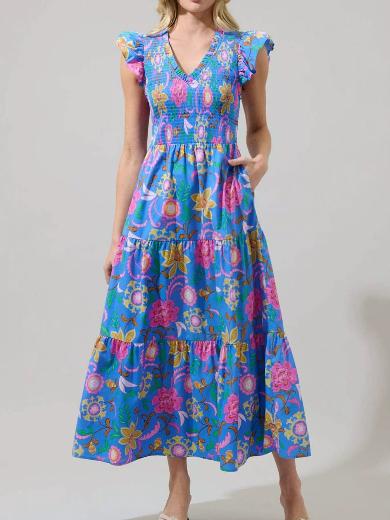 Ruffled V-Neck Tiered Midi Dress Royal Blue