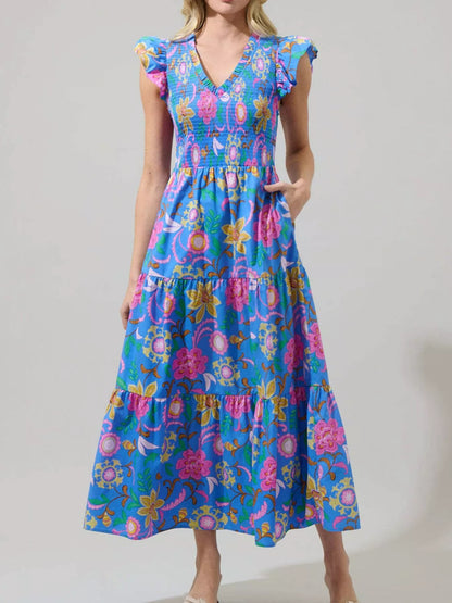 Ruffled V-Neck Tiered Midi Dress Royal Blue