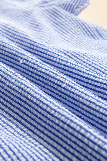 Stripe Textured Ruffle Short Sleeve Boho Detail Square Neck Blouse