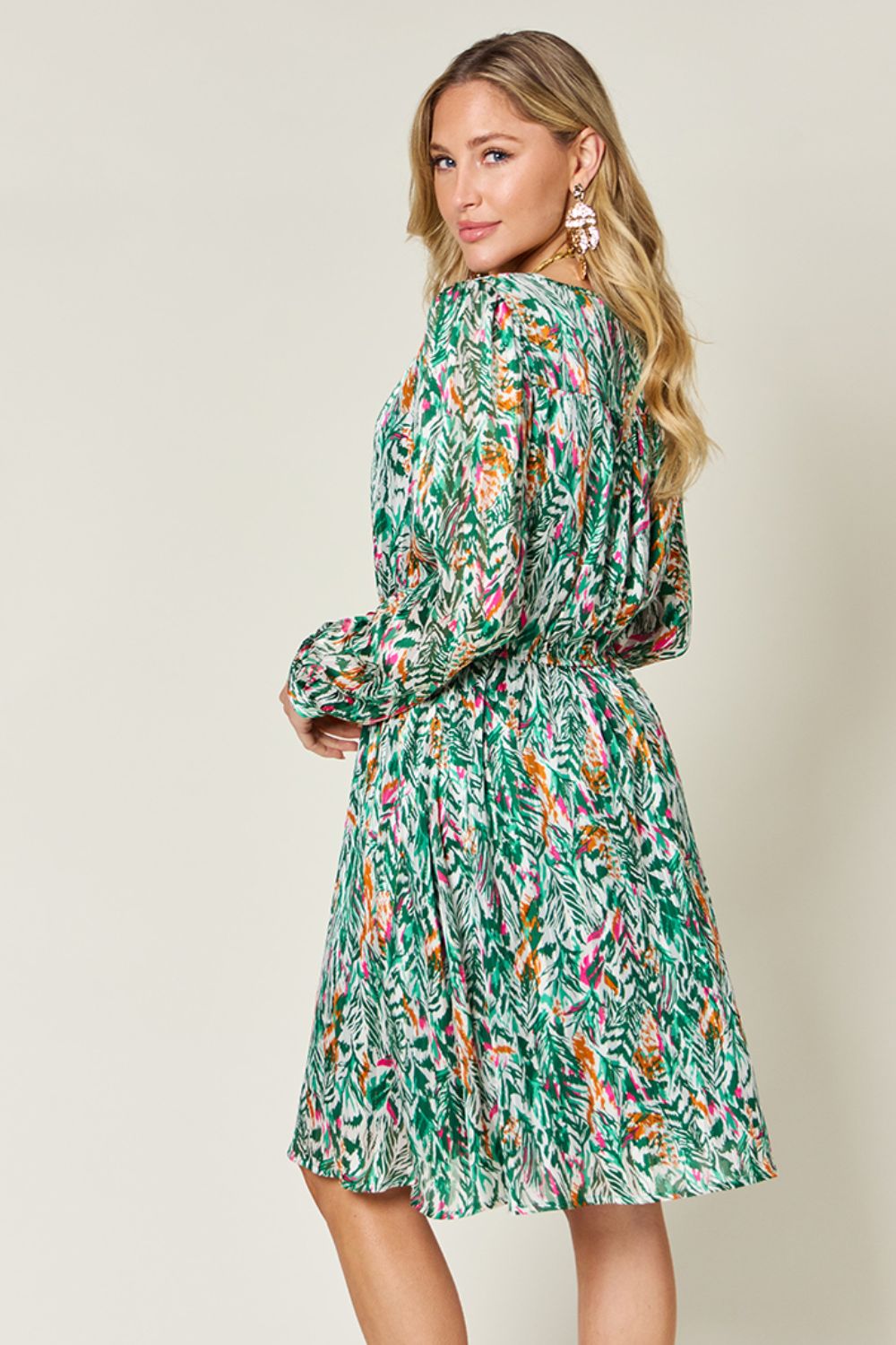 Printed Long Sleeve Drawstring Dress
