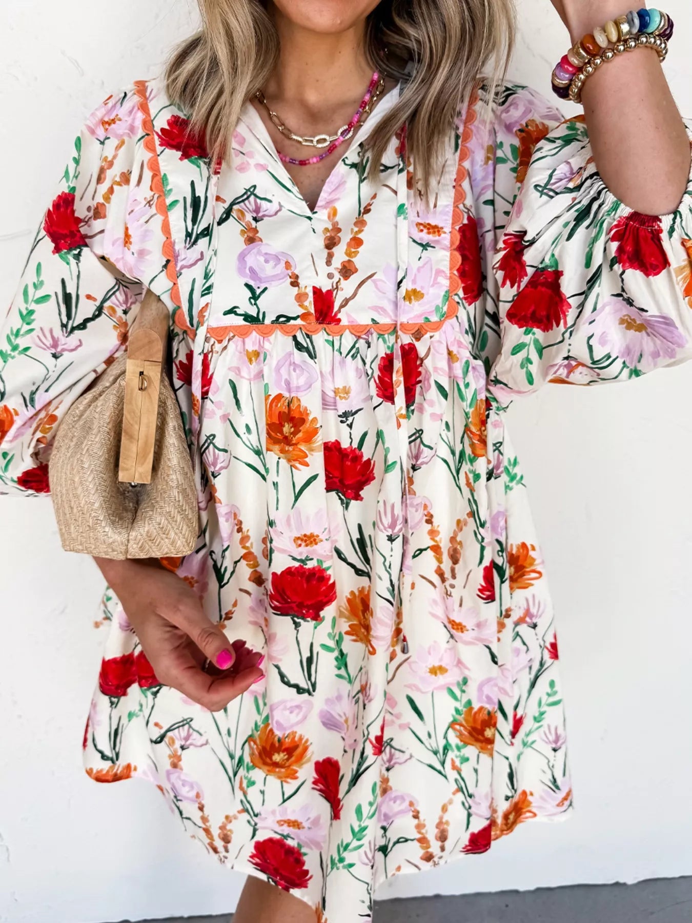 Floral Print 3/4 Sleeve Mini Dress