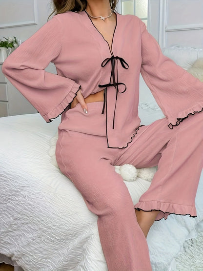 Contrast Trim Bow Tie Shirt and Pants Lounge Set Dusty Pink