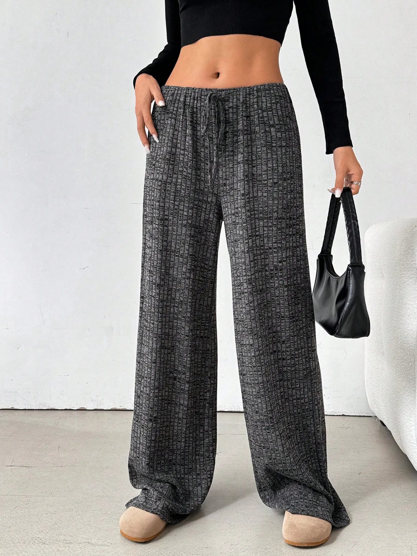 Striped Wide Leg Drawstring Pants Black