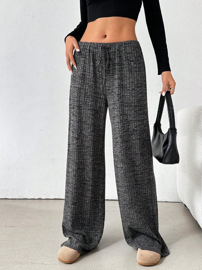 Striped Wide Leg Drawstring Pants Black